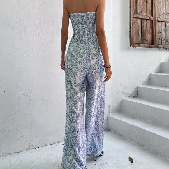 Boho Shirred Bodice Allover Print Jumpsuit - Picture 3 of 5
